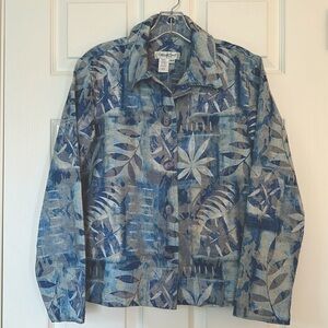 Coldwater Creek Jacket Button Up Watery Blue Leaf Design